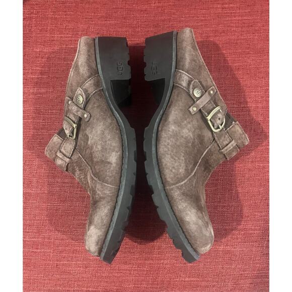 UGG 1910 Lili Brown Shearling Buckle Slip On Clogs Mules Comfort Shoe Size 9 - Picture 4 of 11